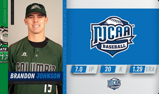 COLUMBIA'S JOHNSON NAMED NJCAA PITCHER OF THE WEEK